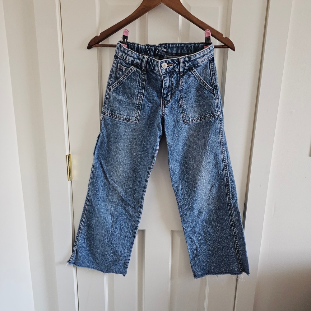 Art Class Girls Blue Carpenter Jeans Size 10 Wide Leg Raw Hem Utility Denim